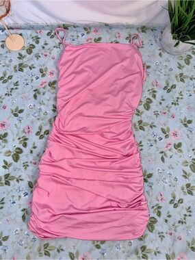 Revamped Pink Ruched Sexy Spaghetti Strap Mini Dress 👗